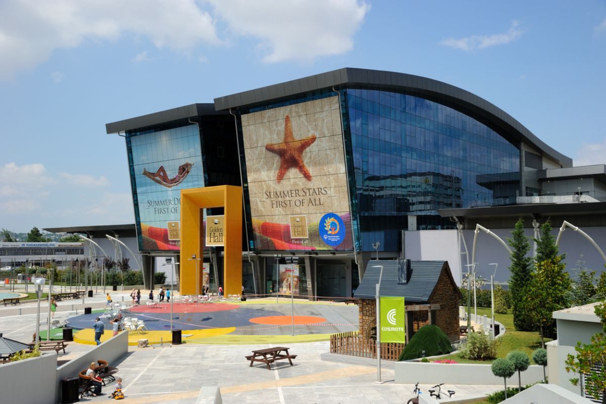  The \"Golden Hall\" shopping center in Marousi, Athens, Greece. Exterior view of the mall in bright daylight